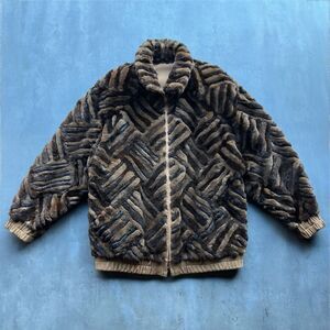 Vintage Reversible Rabbit Fur & Suede Bomber Jacket Carved Pattern Brown